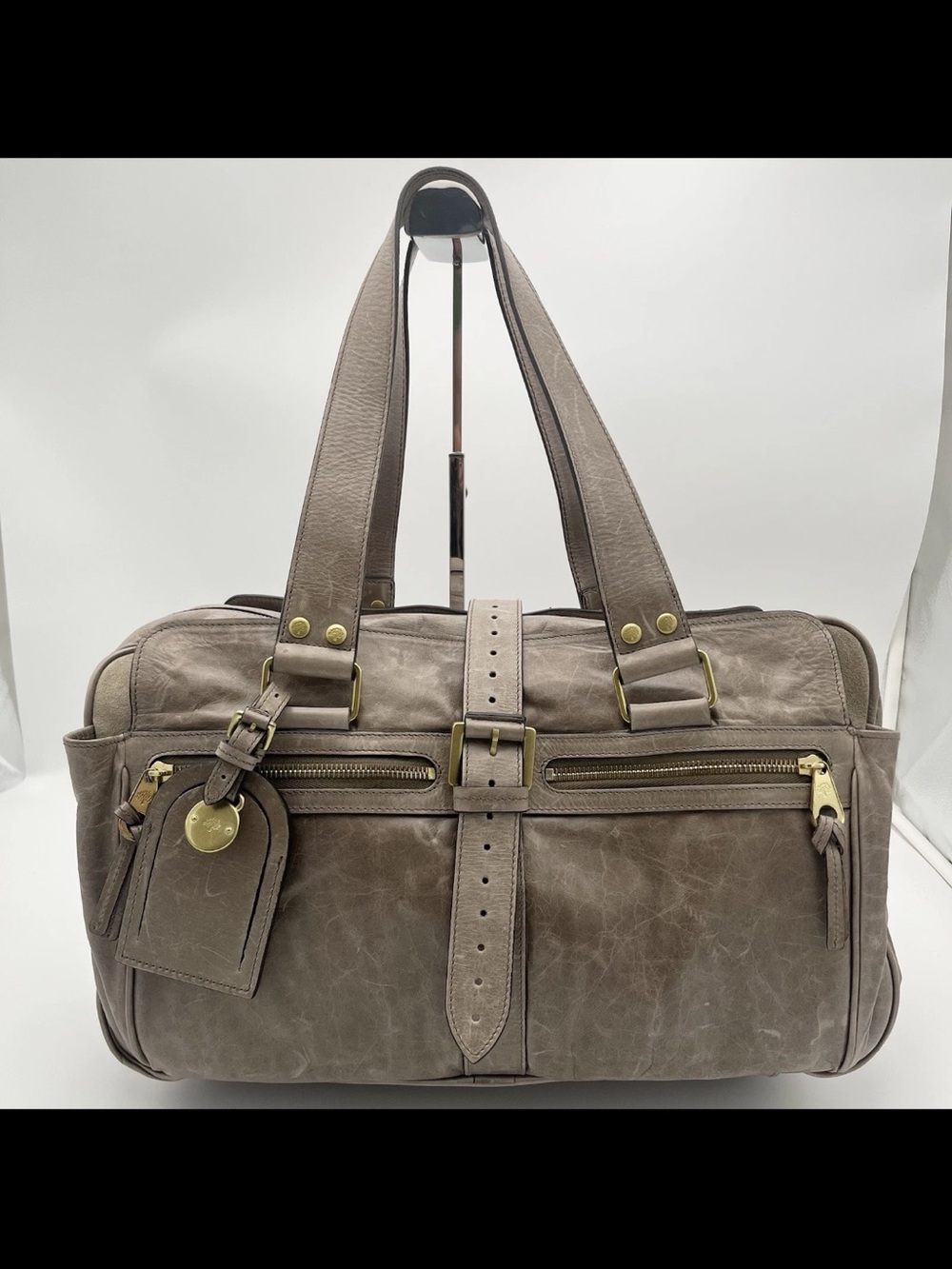 Mulberry Taupe Gray Leather Satchel with Brass Hardware